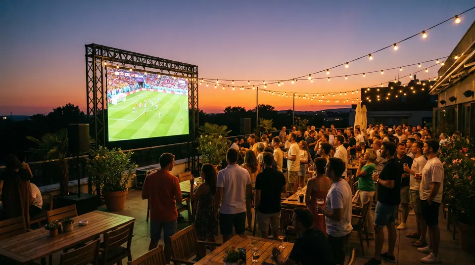 Retransmission d’un match sur un mur LED devant un public en terrasse.